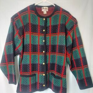 Kobe Women's Plaid Cardigan Sweater 2X Green Red Navy‎ Button Front Pockets Y2K